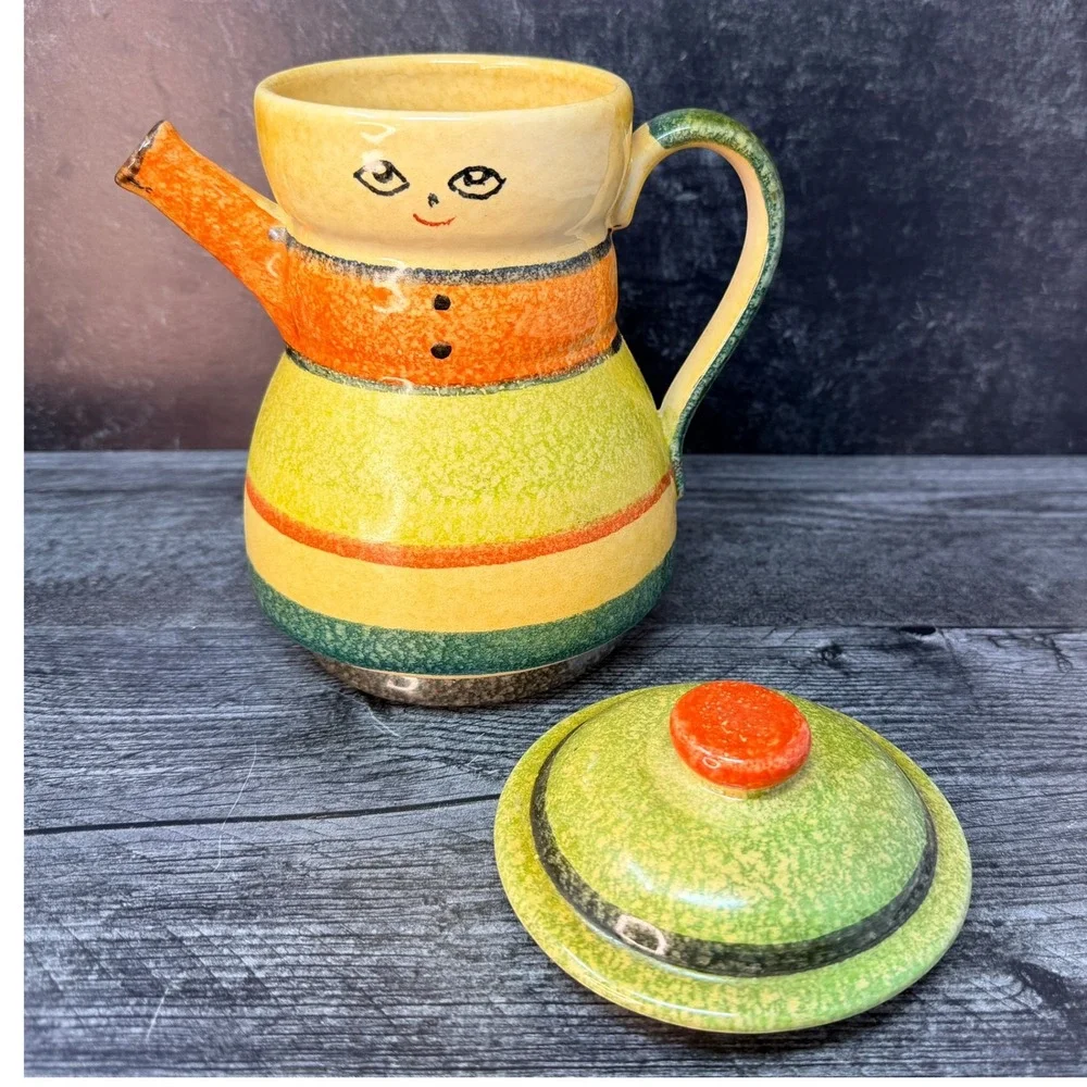 Italica Ars Teapot Vintage Hand Painted Ceramic Striped Italy 8in Face Whimsical
